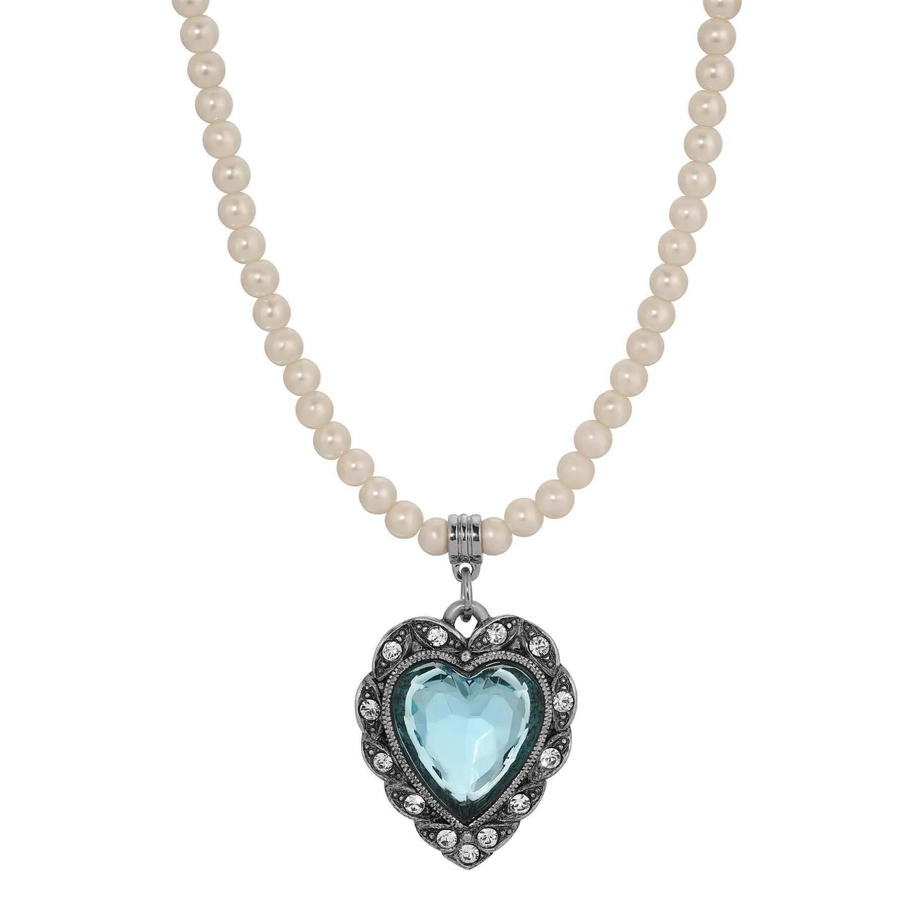 1928 Jewelry Antique Romance Faux Pearl Strand Heart Crystal Pendant Necklace 15 + 3 Extension