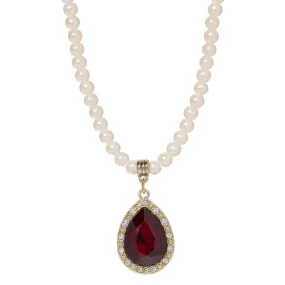 1928 Jewelry Faux Pearl Strand Red Glass Teardrop Crystal Pendant Necklace 15 + 3 Extender