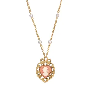 1928 Jewelry Pink Cameo Heart Pendant Faux Pearl Necklace 24L