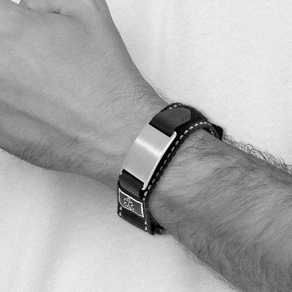 24mm Stainless Steel Black Nylon Velcro Medical I.D. Bracelet, 6-8.5in