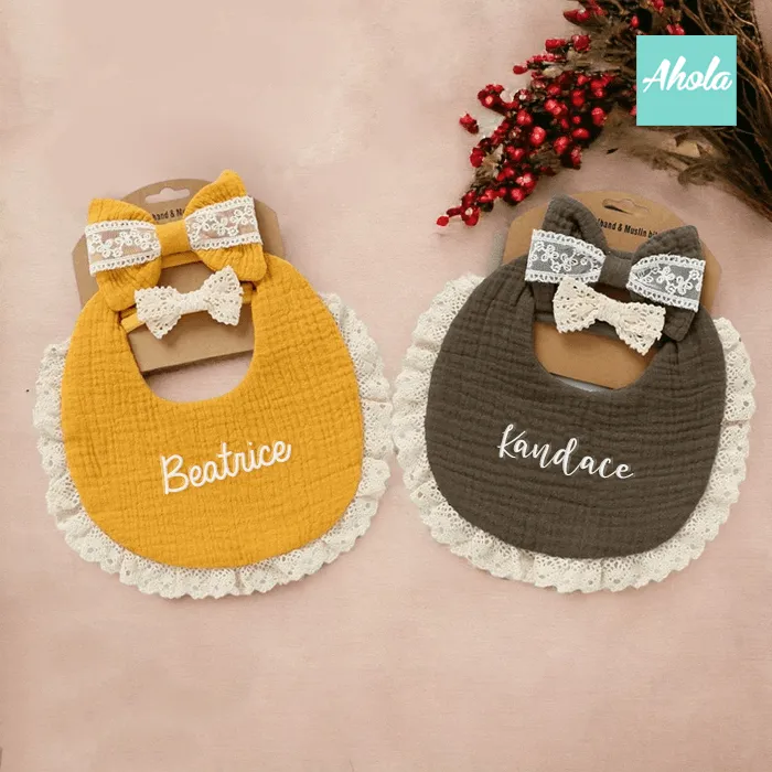 【Babe】Embroidered Cotton Baby Bib + Headbands Set 刺繡純綿口水肩+頭帶套裝