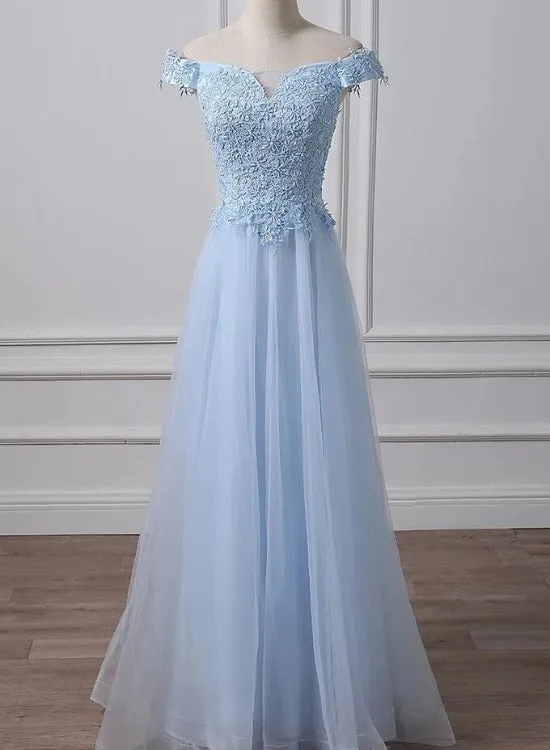 Beautiful Light Blue Off Shoulder Tulle with Lace, Lon Prom Dress