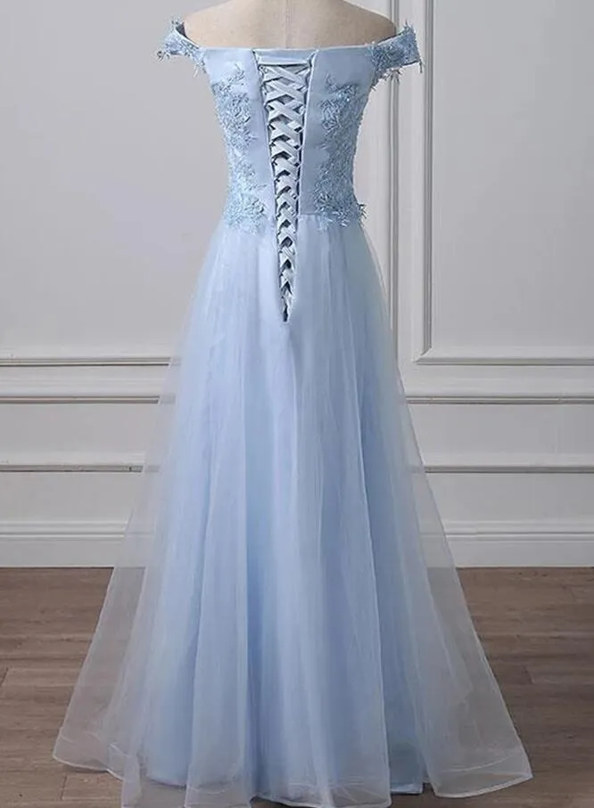 Beautiful Light Blue Off Shoulder Tulle with Lace, Lon Prom Dress