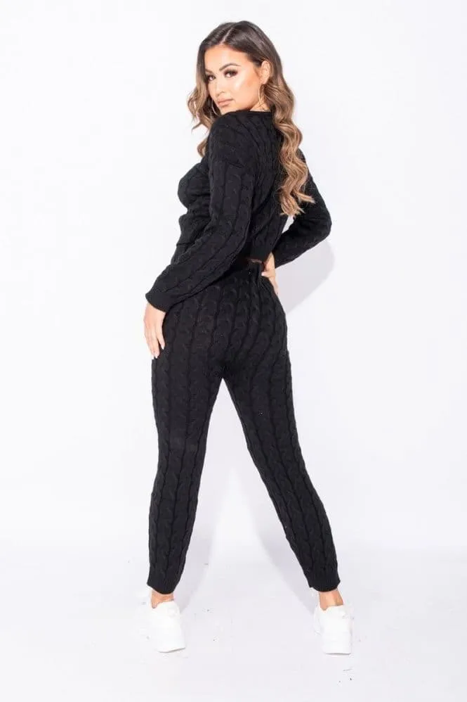 Black Cable Knit Jogger Lounge Set