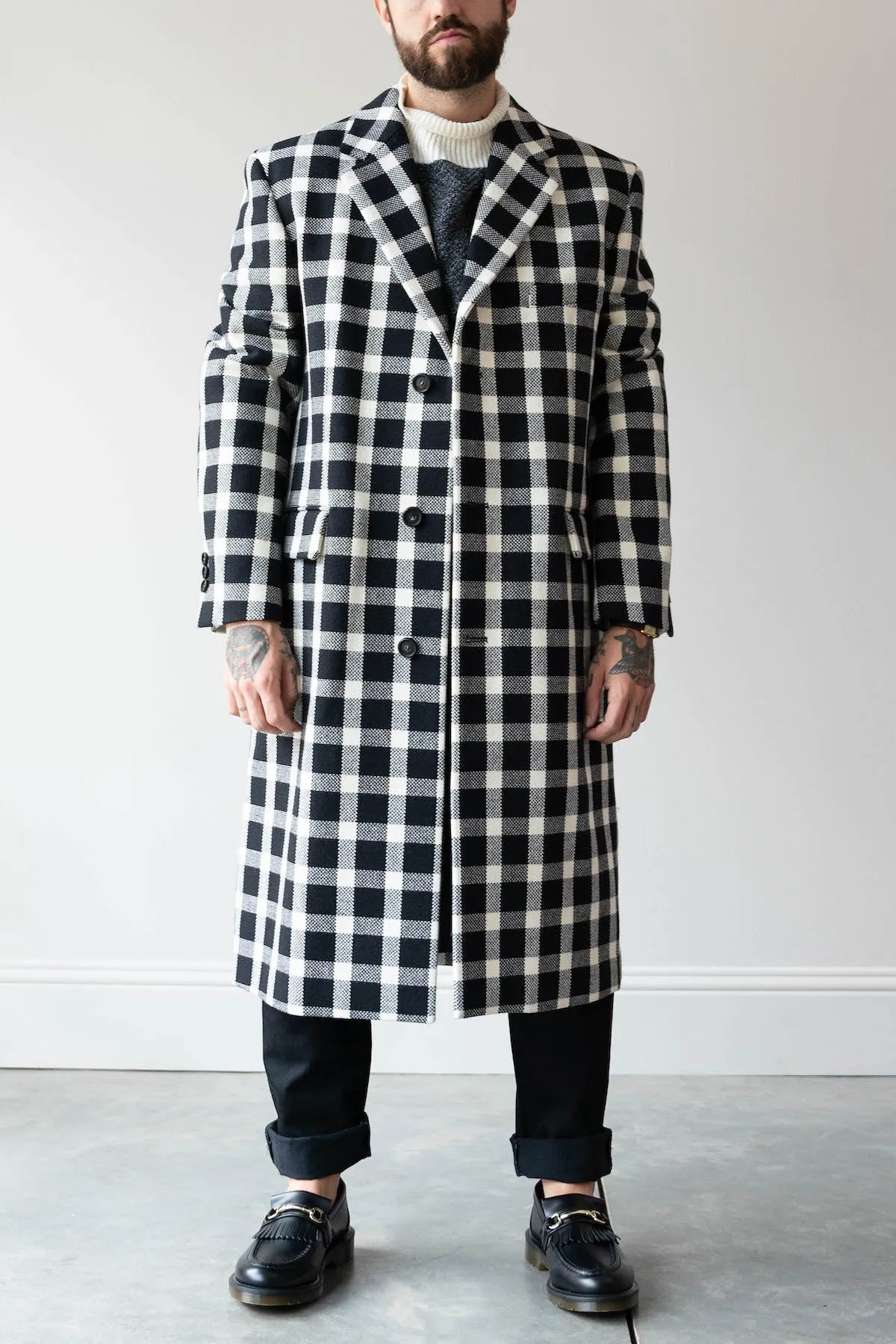 Black Checked Wool Coat - Black/White