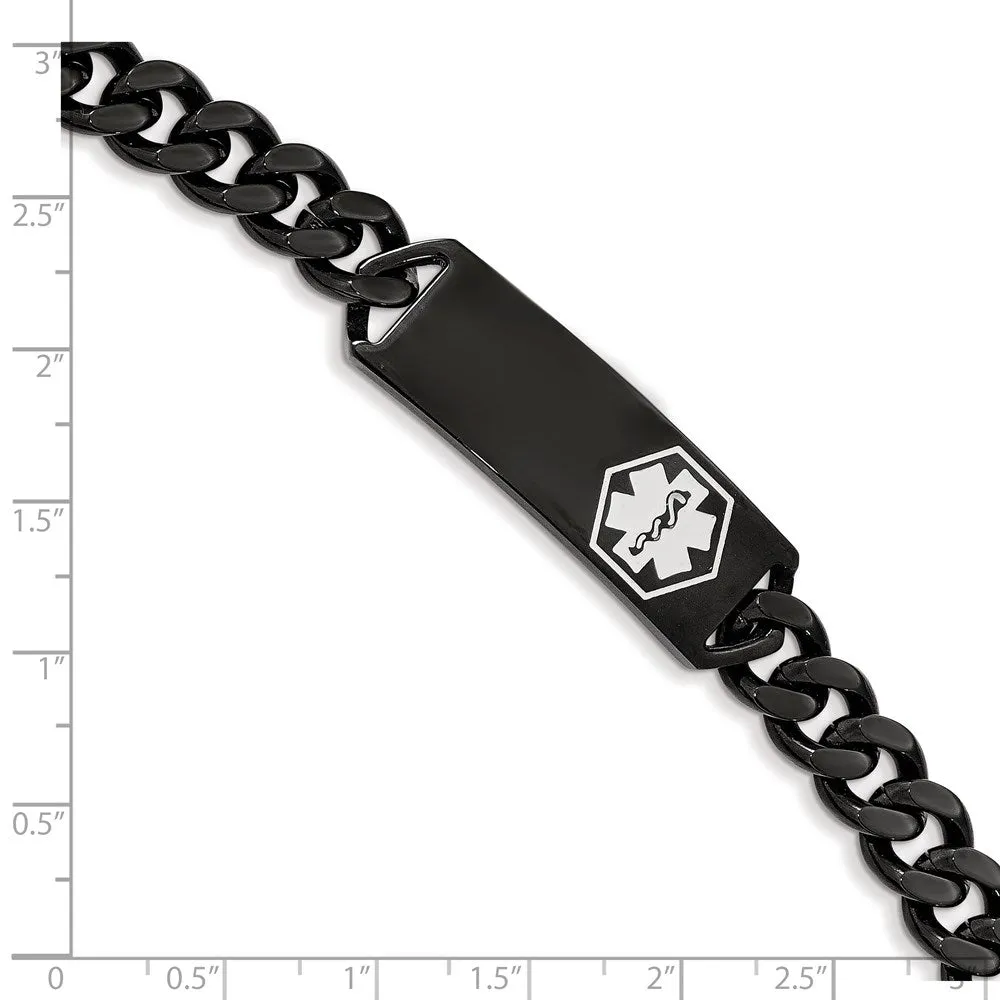 Black Plated Stainless Steel White Enamel Medical I.D. Bracelet, 8 In