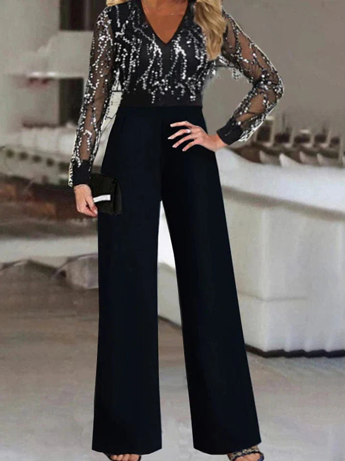 Black V-Neck Sequin Jumpsuit with Long Sleeves for Women