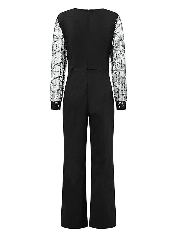 Black V-Neck Sequin Jumpsuit with Long Sleeves for Women