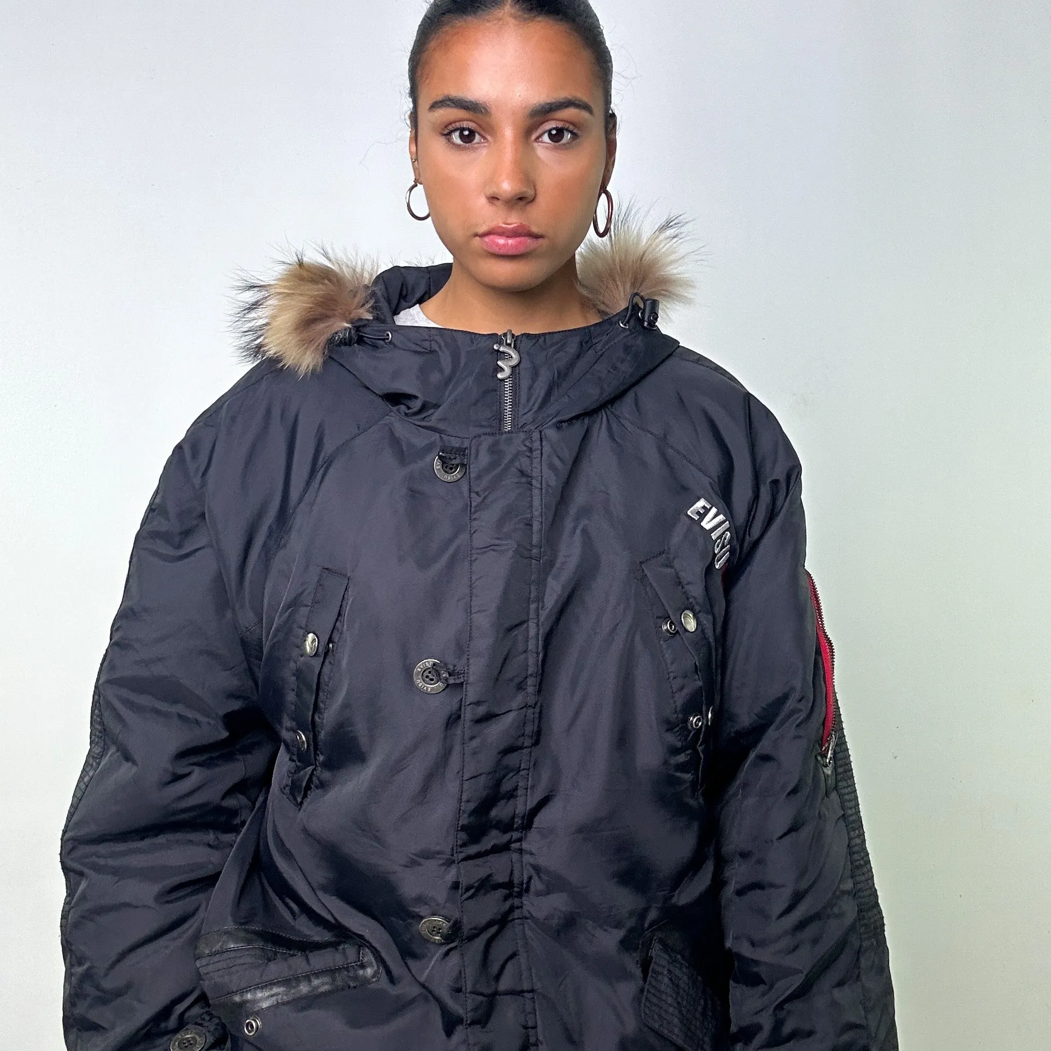 Black y2ks Evisu Puffer Jacket Coat (L)