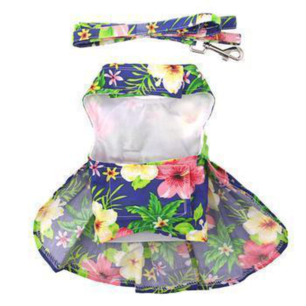 Blue Lagoon Hawaiian Hibiscus Dog Dress with Matching Leash