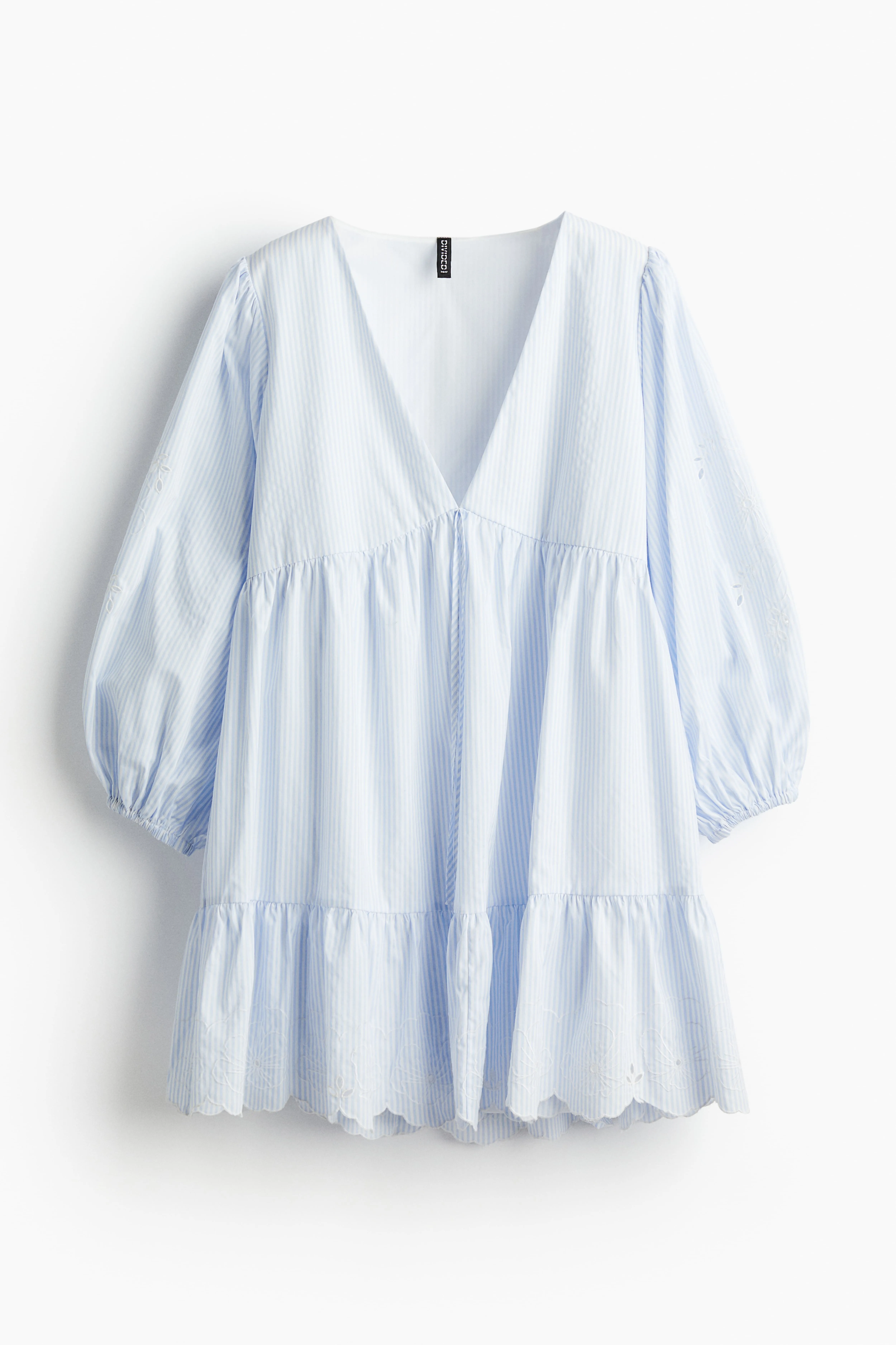 Broderie anglaise balloon-sleeved dress - V-neck - 3/4 sleeve - Light blue/Striped - Ladies | H&M GB