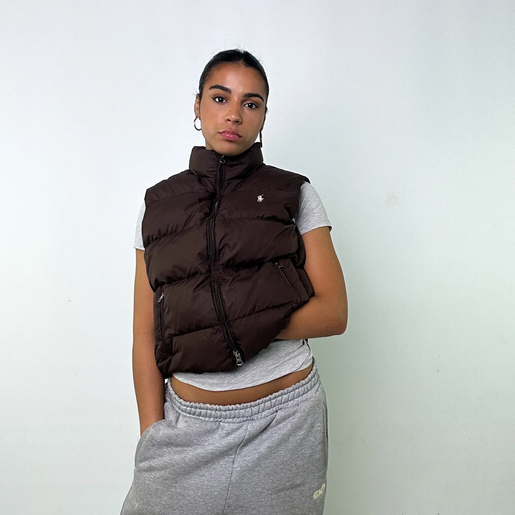 Brown 90s Polo Ralph Lauren Puffer Jacket Coat Gilet (L)