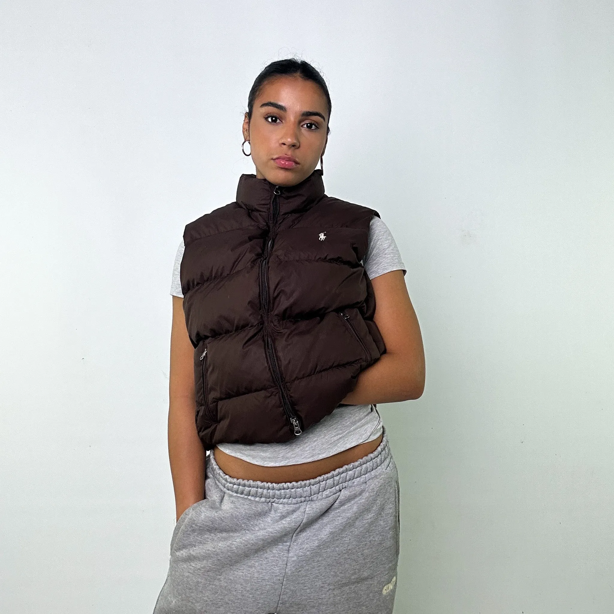 Brown 90s Polo Ralph Lauren Puffer Jacket Coat Gilet (L)