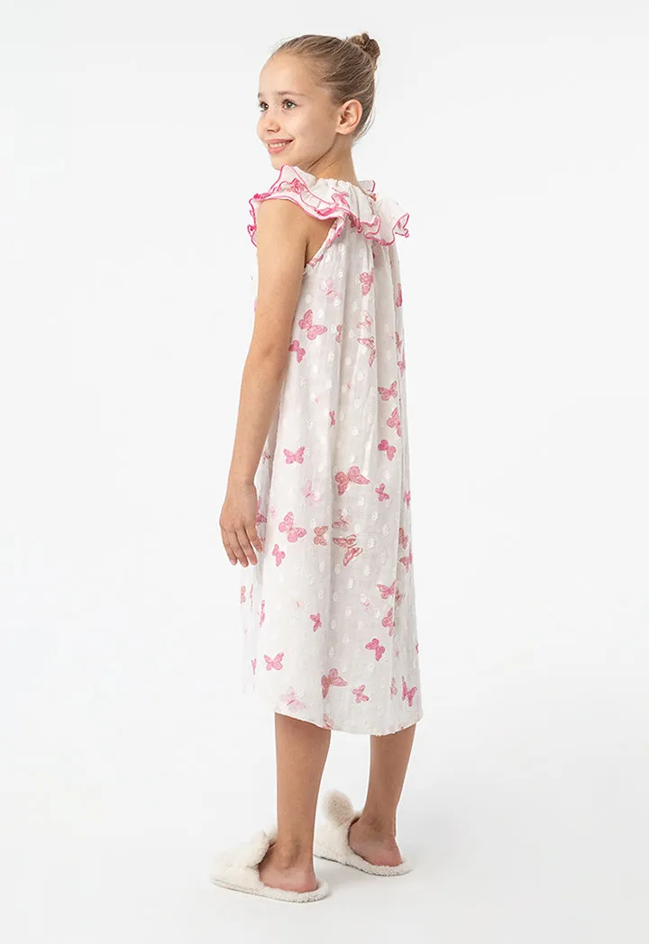 Butterflies Printed With Ribbon Night Sleepwear Dress