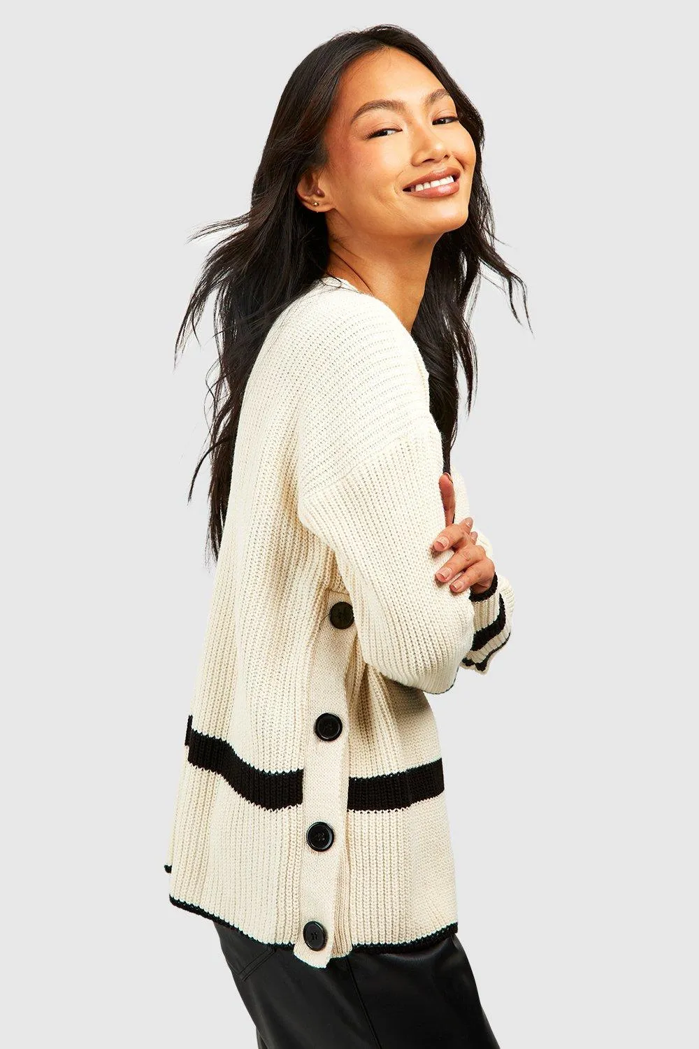 Button Detail Stripe Trim Sweater