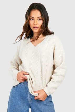 Cable Soft Knit Oversized V Neck Sweater