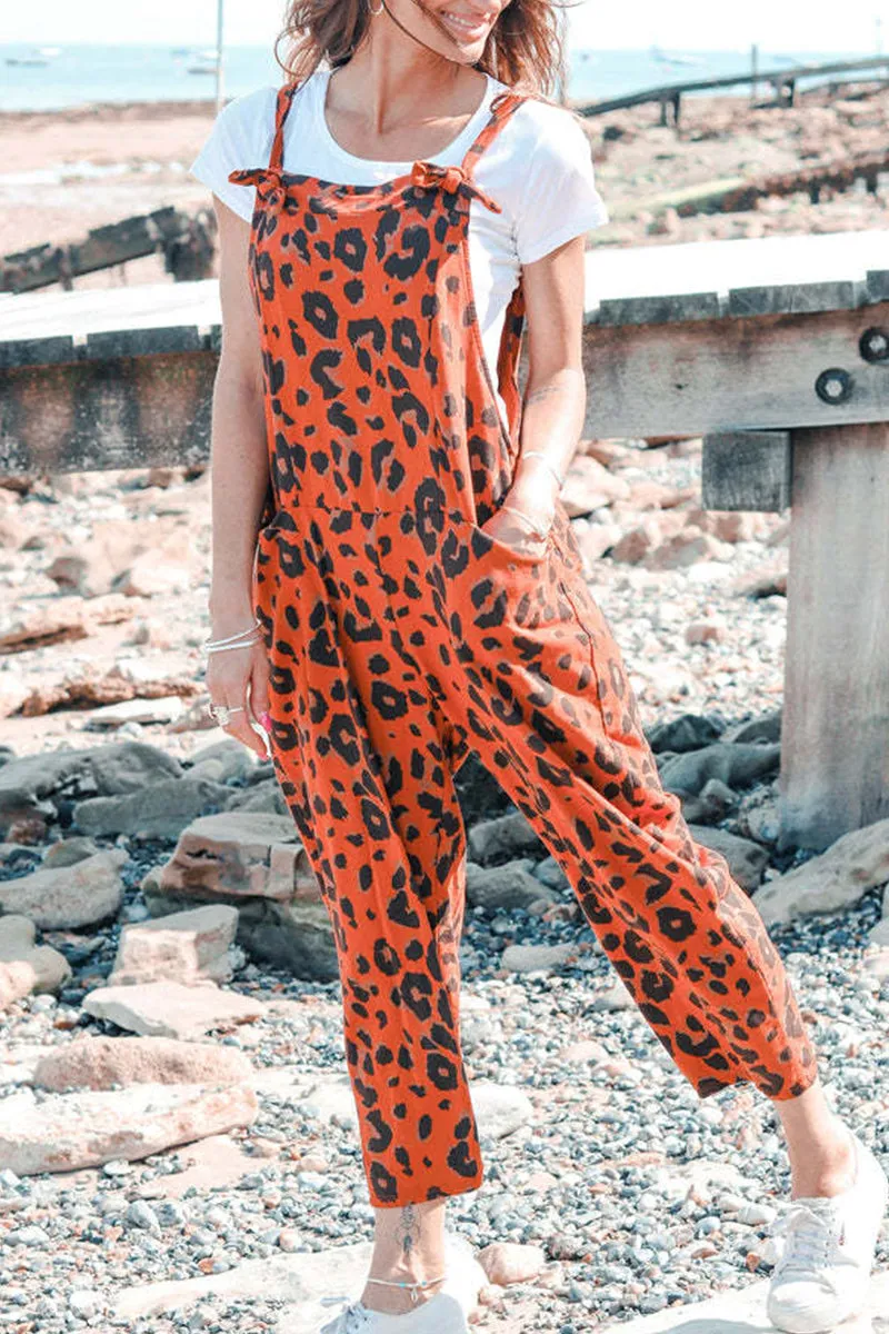 Casual College Leopard Patchwork Loose Jumpsuits