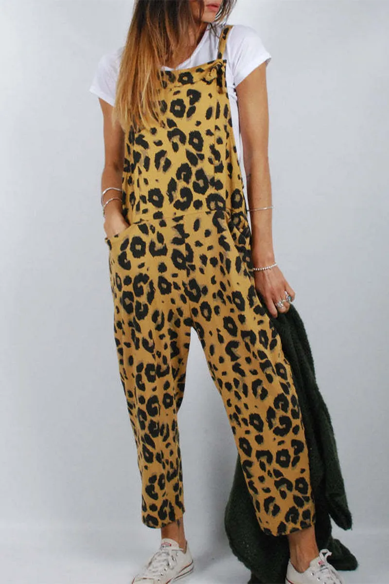 Casual College Leopard Patchwork Loose Jumpsuits