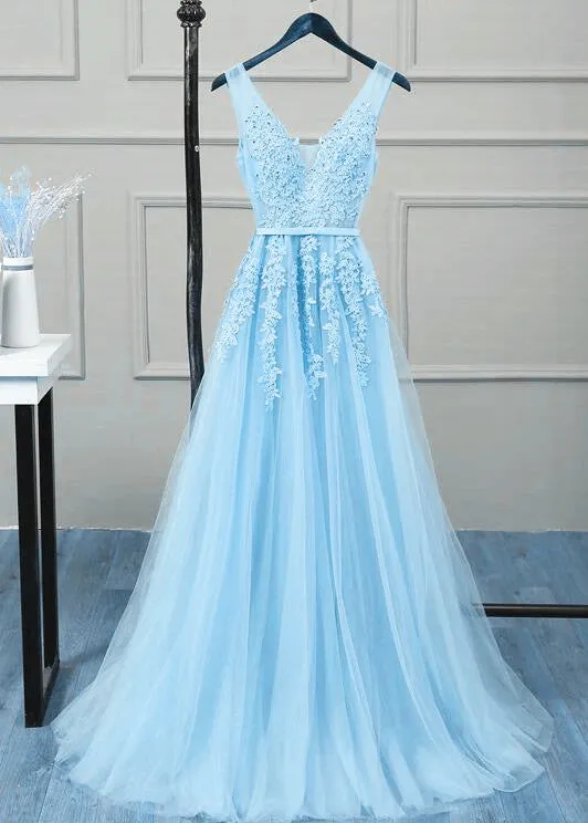 Charming Light Blue V-neckline Tulle Bridesmaid Dress, A-line Prom Dress