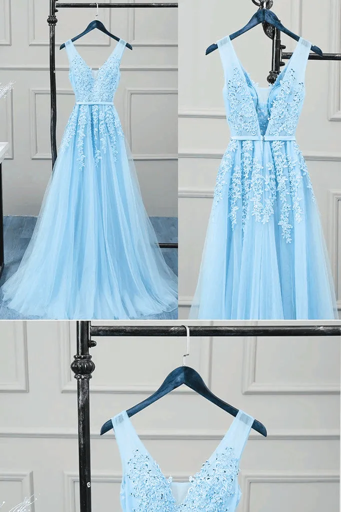 Charming Light Blue V-neckline Tulle Bridesmaid Dress, A-line Prom Dress