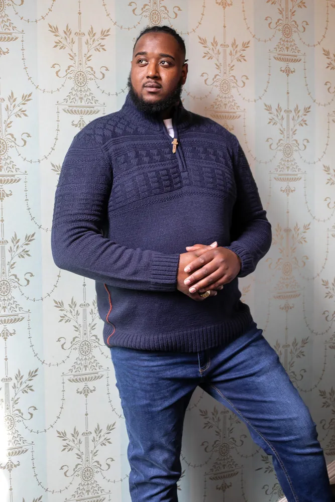 D555 Big Mens Navy Jacquard Knitted Jumper With 1/4 Zip (YATES)