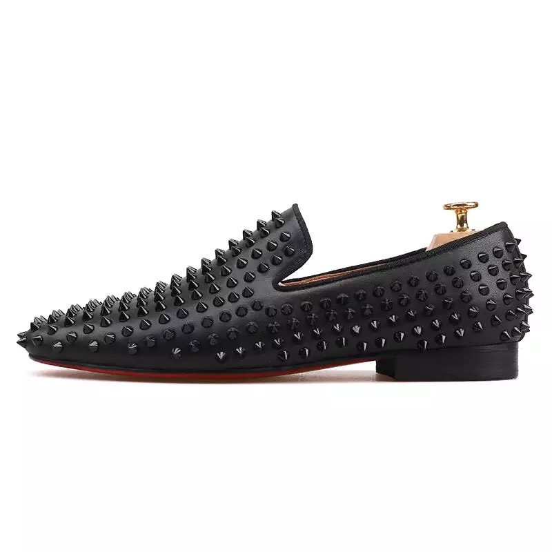 Dandelion Spikes Handmade Men Shoes Black Color Genuine Leather Moccasin