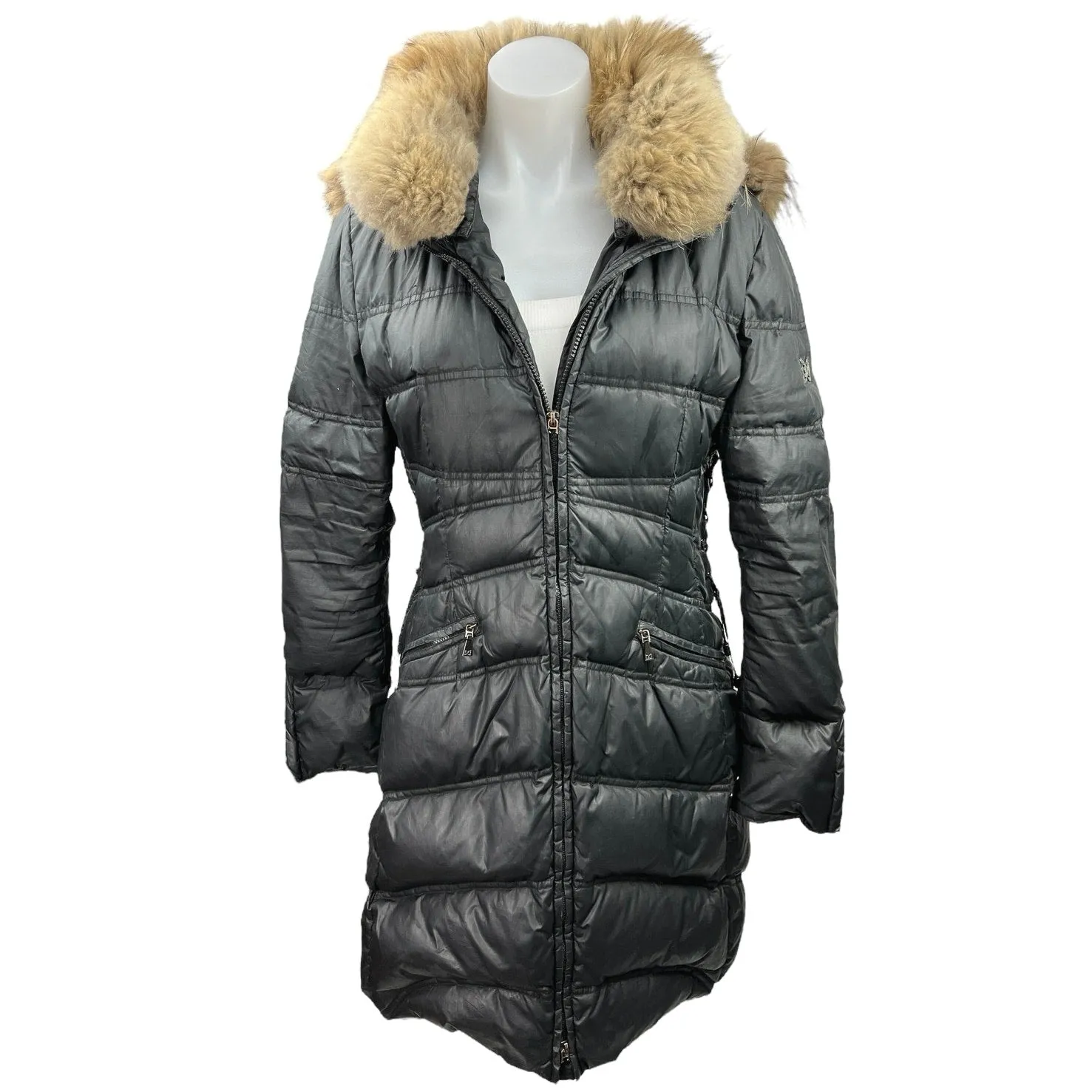 Dawn Levy Womens Black Zip Up Hooded Fur Collar Goose Down Puffer Coat Jacket M