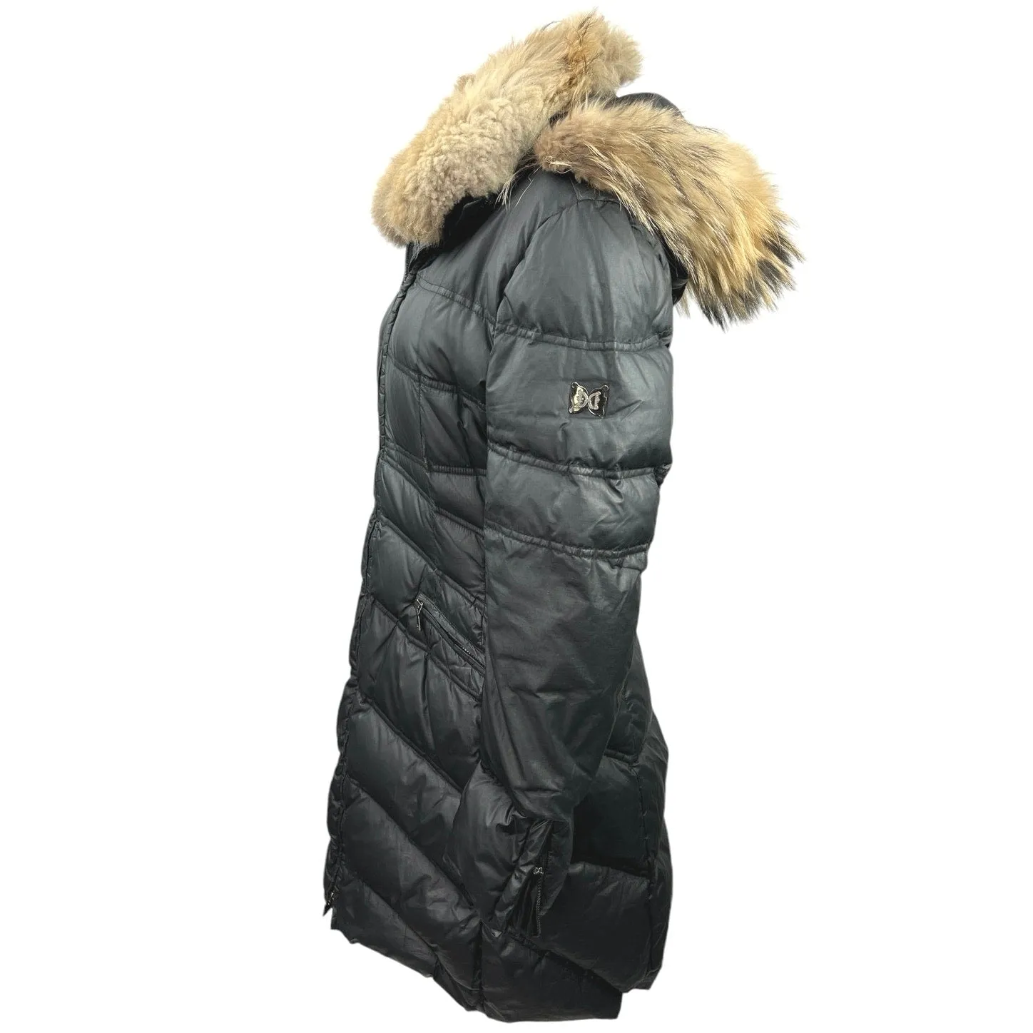 Dawn Levy Womens Black Zip Up Hooded Fur Collar Goose Down Puffer Coat Jacket M