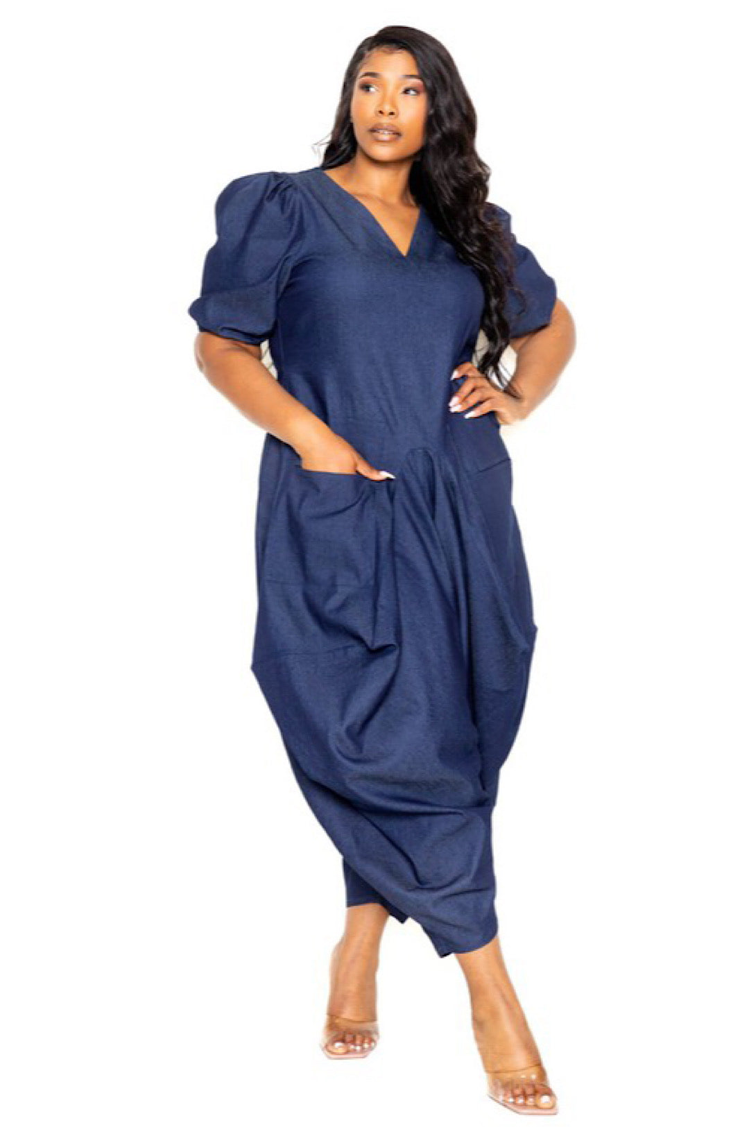 Denim V Neck Jumpsuit