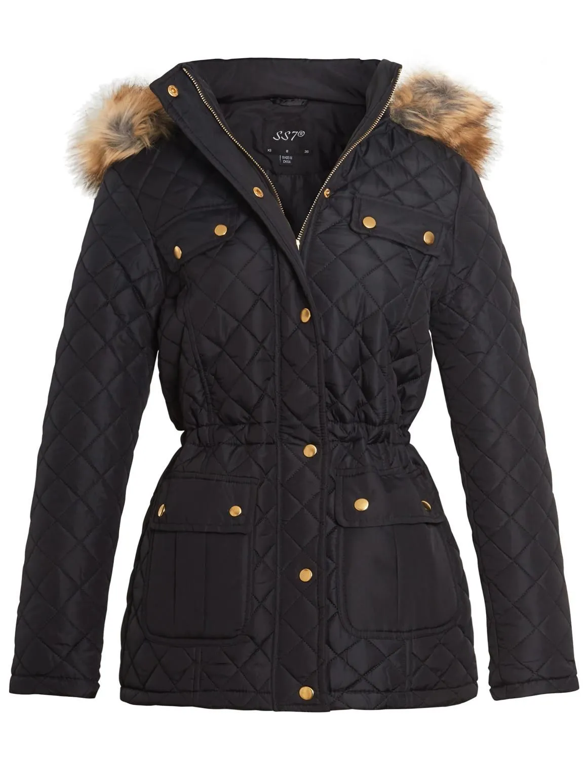 Diamond Quilted Faux Fur Parka Jacket, Stone, Black, UK Sizes 8 to 16