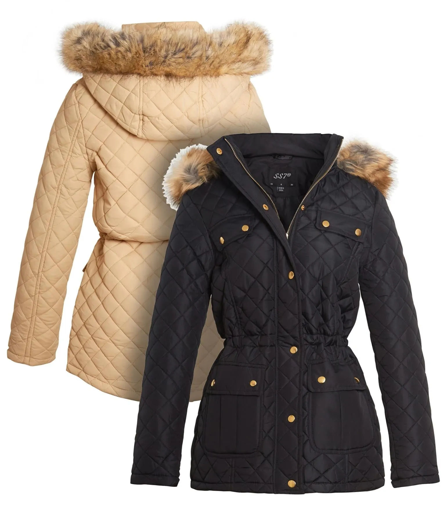 Diamond Quilted Faux Fur Parka Jacket, Stone, Black, UK Sizes 8 to 16