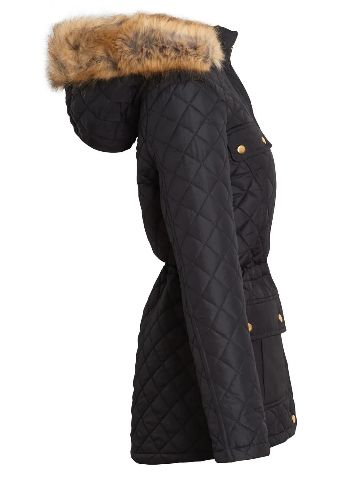 Diamond Quilted Faux Fur Parka Jacket, Stone, Black, UK Sizes 8 to 16