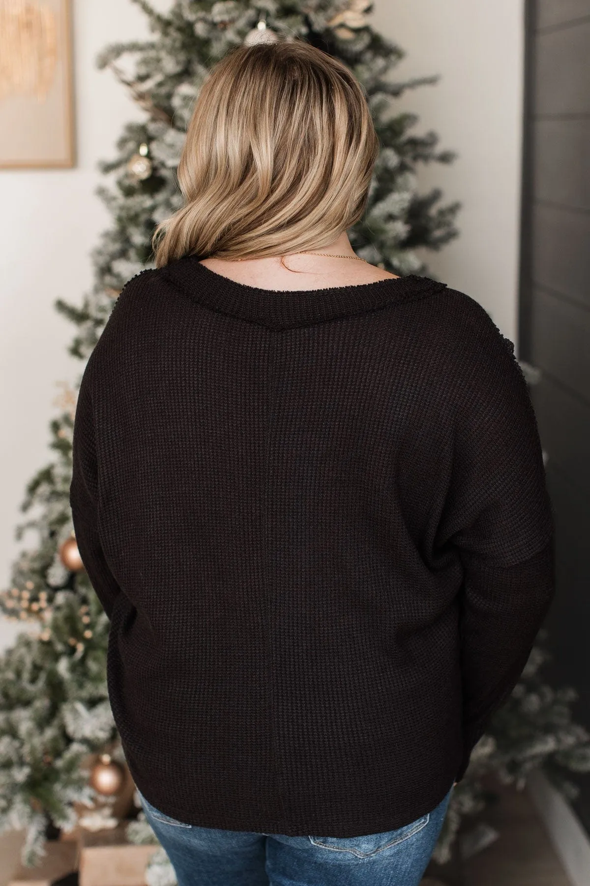 Effortlessly Happy V-Neck Knit Top- Black