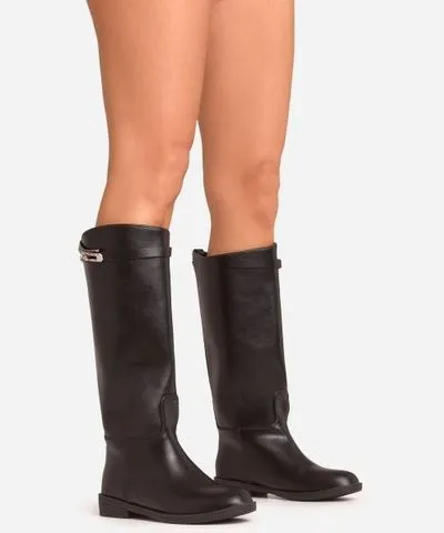 EGO Mustang Lock Detail Knee High Long Boot In Black Faux Leather