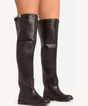 EGO Old-Money Lock Detail Over The Knee Thigh High Boot In Black Faux Leather