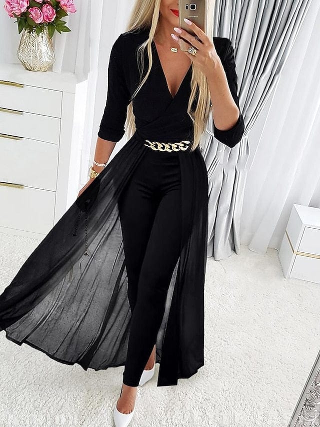 Elegant Black Mesh Detail Party Jumpsuit with Deep V Neck