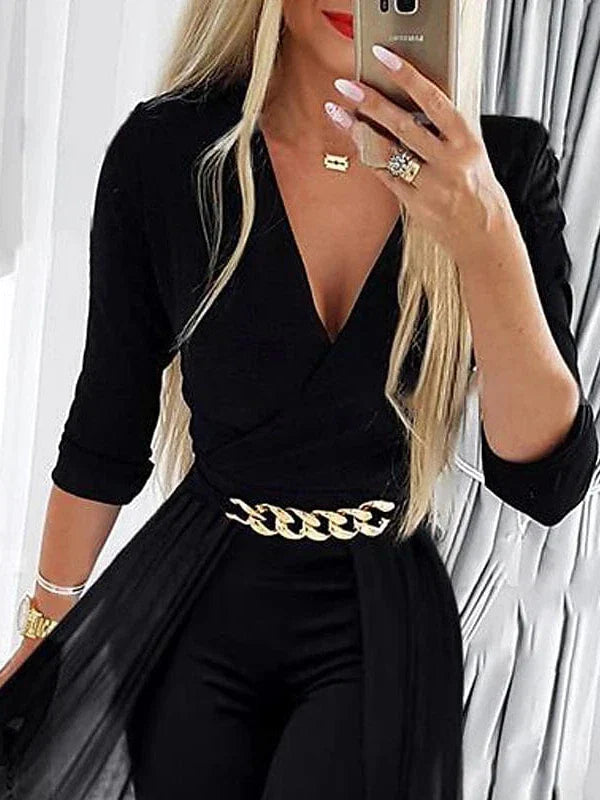 Elegant Black Mesh Detail Party Jumpsuit with Deep V Neck