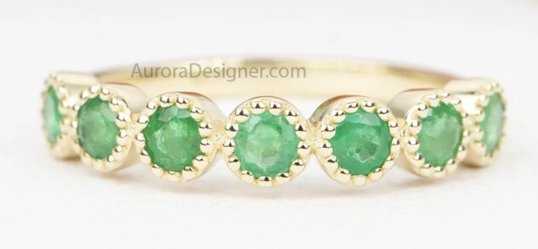 Emerald Milgrain Bezel Set 14K Gold Wedding Band AD1798E