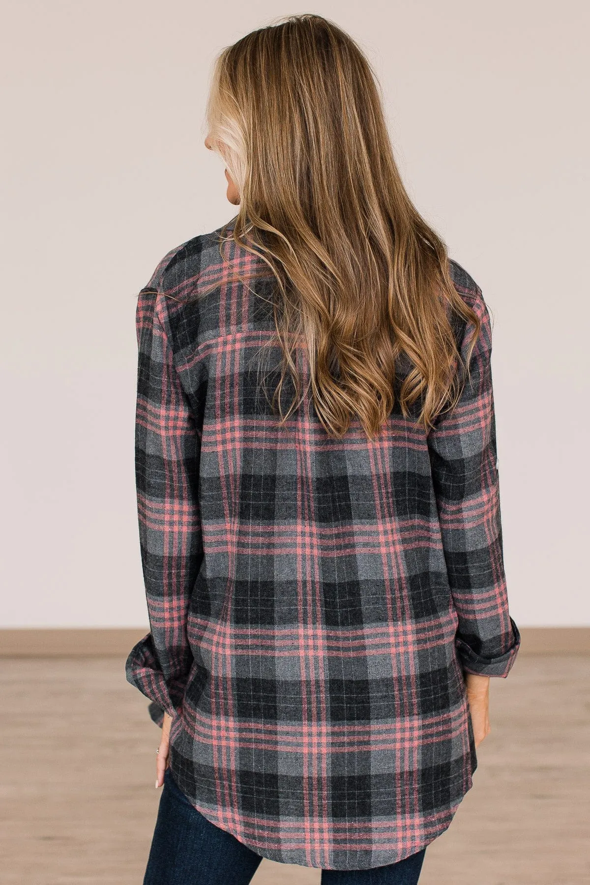 Falling For Your Smile Plaid Flannel- Grey & Pink