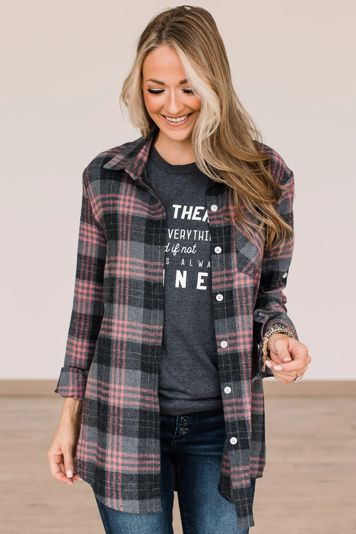 Falling For Your Smile Plaid Flannel- Grey & Pink