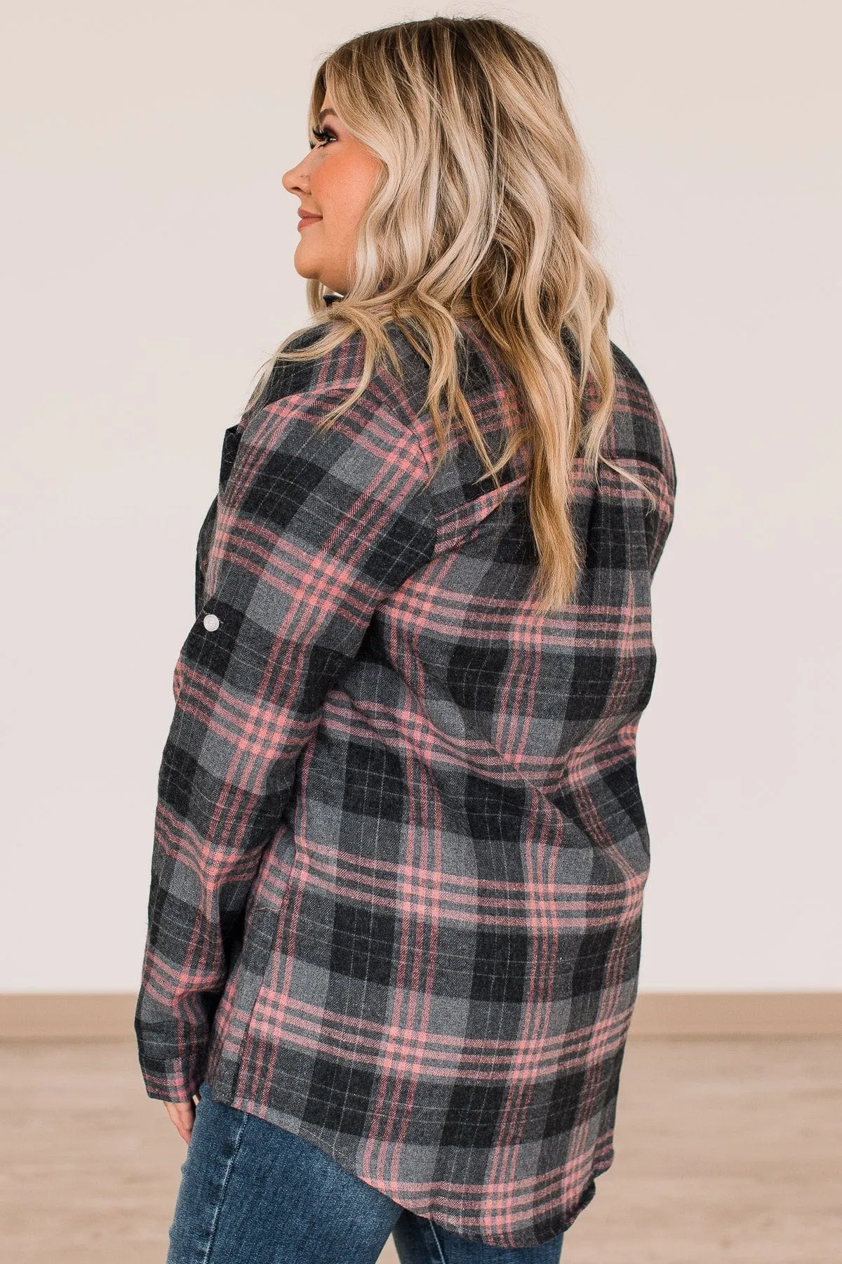 Falling For Your Smile Plaid Flannel- Grey & Pink