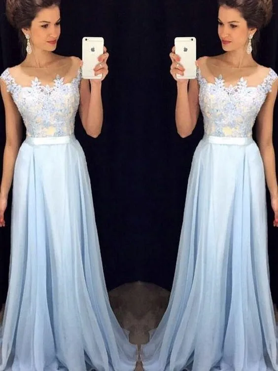 Fashion Light Blue Lace A line Prom Dress Long Formal Dress