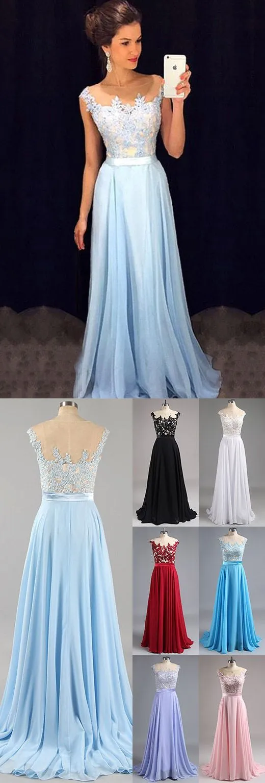 Fashion Light Blue Lace A line Prom Dress Long Formal Dress