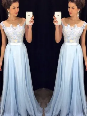 Fashion Light Blue Lace A line Prom Dress Long Formal Dress