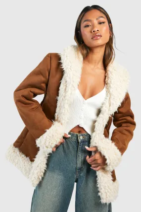 Faux Fur Trim Suede Look Coat