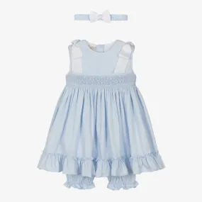 Girls Light Blue Smocked Cotton Dress Set