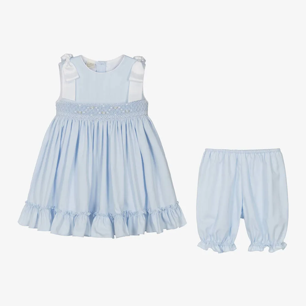 Girls Light Blue Smocked Cotton Dress Set