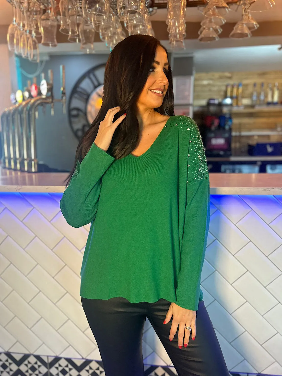 Green Sparkle Shoulder Knit Khloe