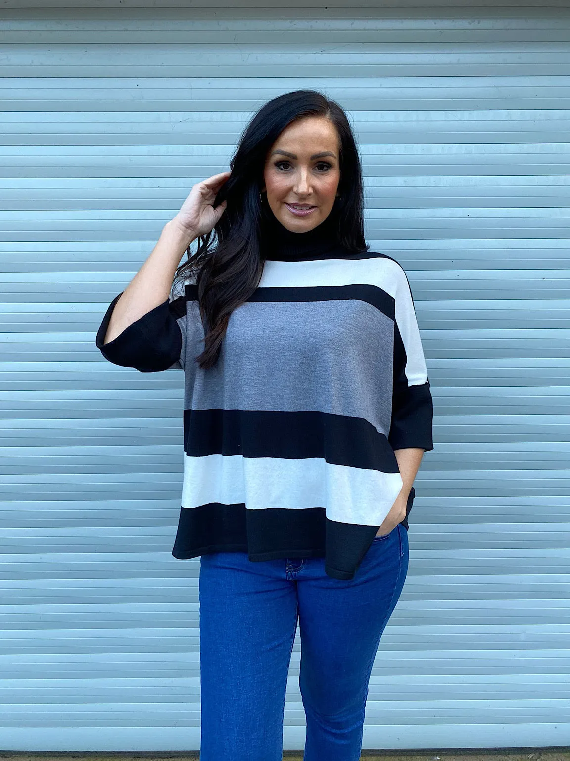 Grey Stripe Folded Sleeve Knit Steph