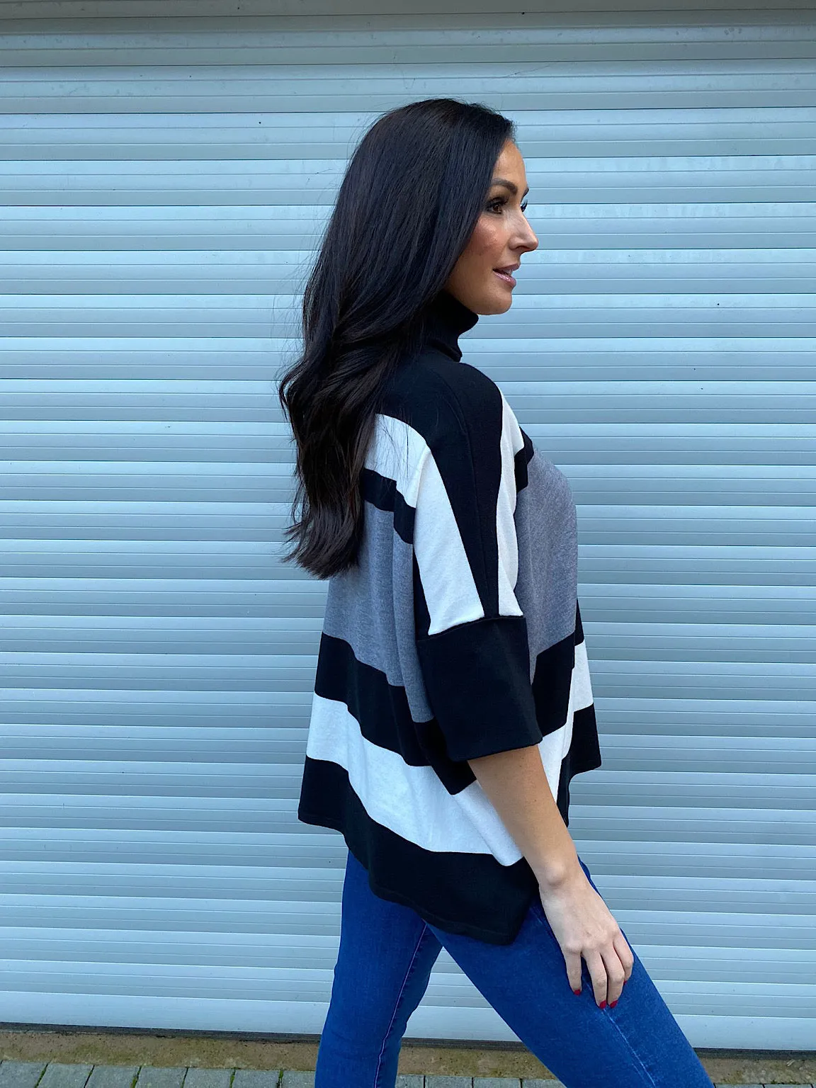 Grey Stripe Folded Sleeve Knit Steph